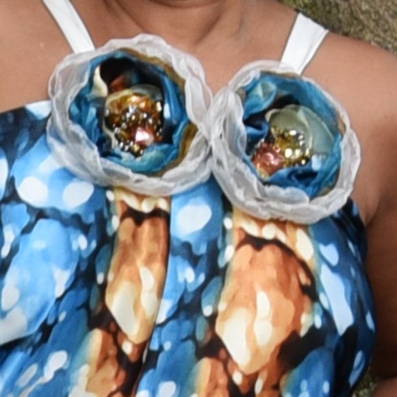 Designer Maxi Dress Floral Blue Gold Luxury Resortwear Rose Pin - Picture 14 of 17